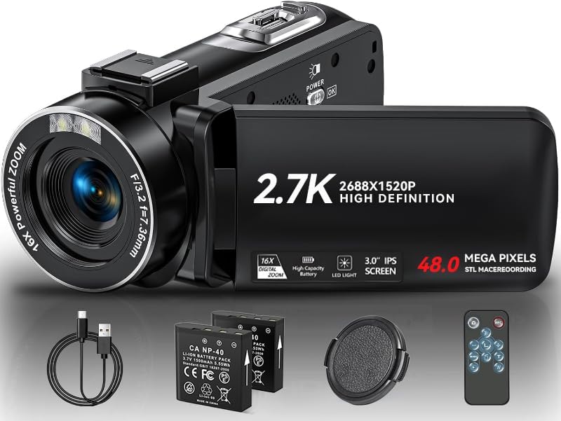 Camcorder Video Camera 2.7K Full HD 48MP Camcorder for YouTube 3.0 Inch IPS Screen Vlogging Camera 16X Digital Video Camera Recorder with Remote Control, Lens Cap and 2 Batteries