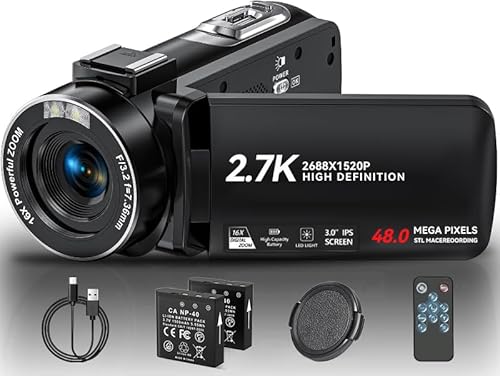 OLESIT Camcorder Video Camera 2.7K Full HD 48MP Camcorder for YouTube 3.0 Inch IPS Screen Vlogging Camera 16X Digital Video Camera Recorder with Remote Control, Lens Cap and 2 Batteries