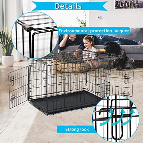 Dog Crate, Folding Portable Outdoor Large Two Door Metal Cat Dog Cage With Abs Tray Lc Panel Floor Protecting Feet Wire Animal Pet Dog Kennel With Divider #TOP4