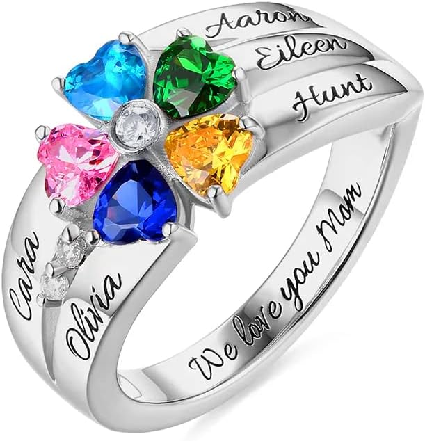 10K/14K/18K Gold Natural Diamond Heart Name Rings with 1-7 Birthstone Family Jewelry Mom Gifts for Women Gifts for Mother's Day Ring