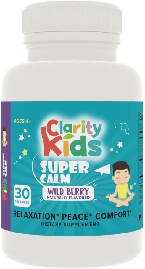Clarity Kids Super Calm | Magnesium Chewable Vitamin for Children Comfort Focus and Relaxation | All Natural Calm Supplement with L-Theanine | USA Made | 30 piece