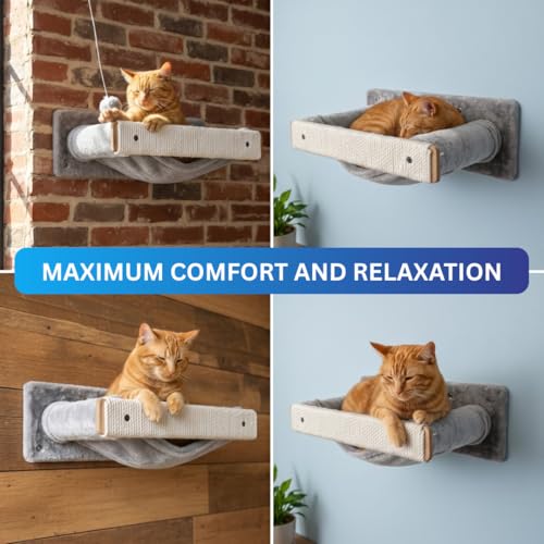 Image of Wall-Mounted Cat Perch with Scratching Post, Plush Cushion, Beige and Grey, Space-Saving Hammock Bed, (24X6 INCH) FURR- 151 (Grey)