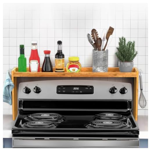 IIIOIIIA Bamboo Over the Stove Spice Shelf for Kitchen Storage, 31.5" Kitchen Spice Rack Organizer Stove Top Shelf with 6 hooks, 11.4" Height Extra Storage Countertop, Easy to Assemble