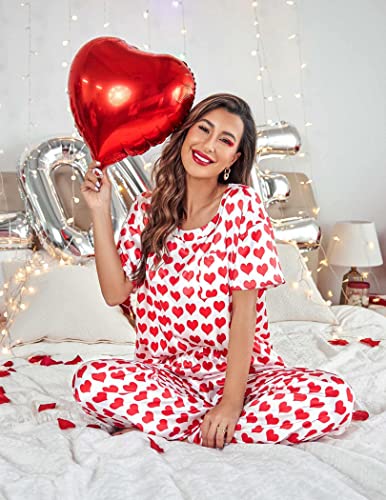 Image of Ekouaer Womens Satin Silky Pajama Set Short Sleeve Shirt with Long Pajama Pant Set Soft PJ Loungewear