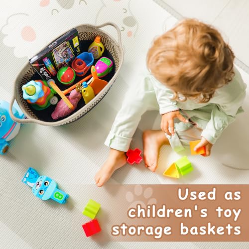 Small Woven Baskets for Organizing Rope Storage Basket with Handle Cute Cotton Nursery Gift Dog Toy Bins Organizer-Light Beige - Image 5