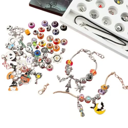 Halloween Treasures Charm Bracelet, Cute Halloween Charm Bracelet Adjustable Horror Pumpkin Spider Ghost Black Cat Pendant Bracelets for Women DIY Craft Decorations Gift Blind Box Kit4