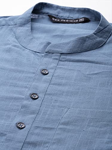 Image of See Designs Men Cotton Solid Straight Slub Effect Kurta with Pyjama
