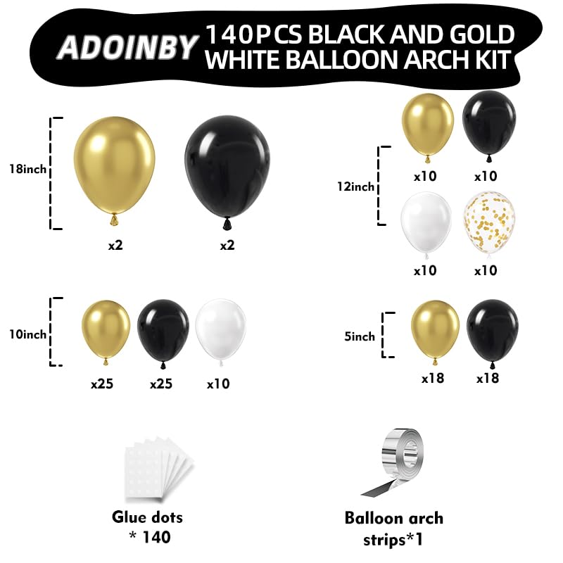 Image of Black and Gold Balloon Arch Kit, ADOINBY 140Pcs Black White Metallic Gold Confetti Latex Balloons 18 12 10 5 Inch Different Size Balloons for Birthday Anniversary Graduation Wedding Party Decorations