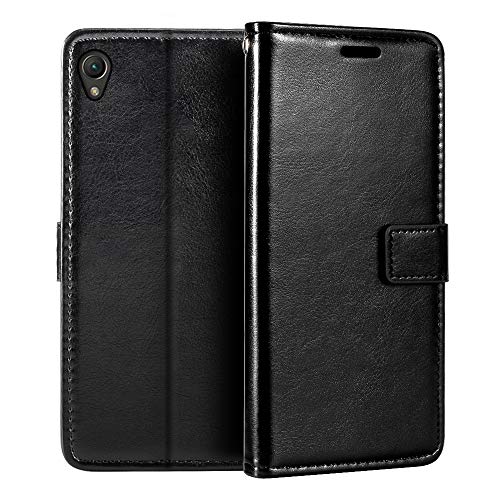 Funda Cartera de Cuero PU Compatible con Sony Xperia Z2, Tapa Magnética con Ranuras para Tarjetas, Función Soporte y Protección Total (Negro)
