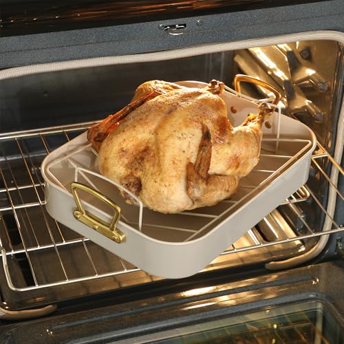 Gibson Home Broxton 2-Piece Nonstick Roaster Pan with Rack – 16 x 12 Inch Taupe Turkey Roasting Pan with Cast Aluminum Gold Handles – Oven-Safe, Easy-Clean, Holiday Cookware by Gibson Home - Image 5