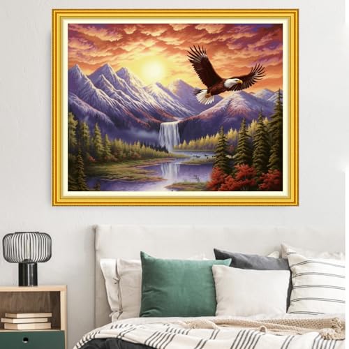 Image of Dimxvean Stamped Cross Stitch Kits,Cross Stitch Kits for Adults Beginners,Embroidery Kits Full Range of Cross Stitch Stamped Kits Needlepoint Kits Cross Stitch Patterns-Eagle Mountain River 16x20 inch