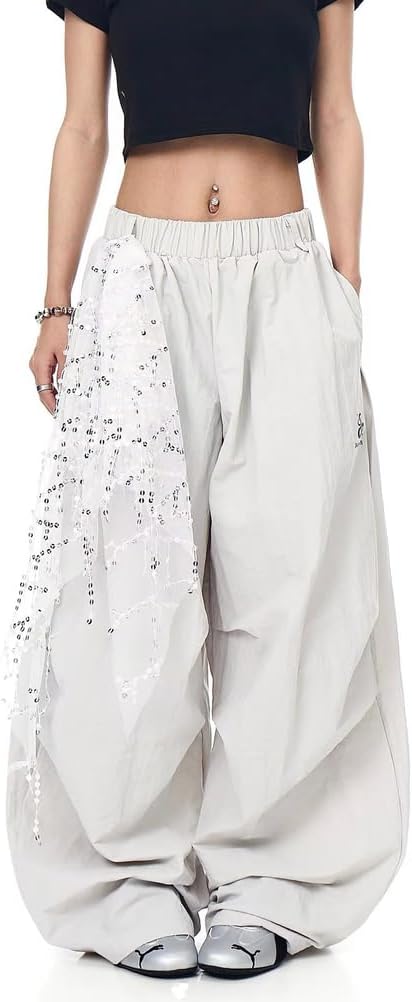 Women's Vintage Causal Sparkly Sequin Fart Curtain Elastic High Wasited Wide Leg Pants