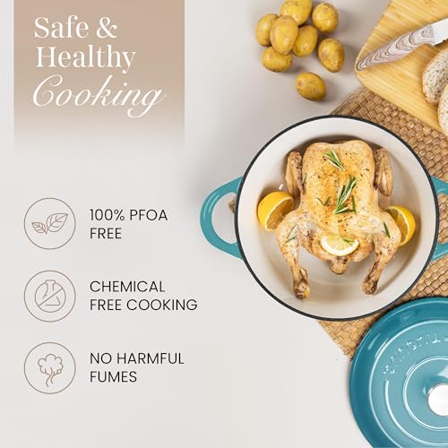 Image of Nuovva Enamelled Cast Iron Dutch Oven Pot with Lid-6.4 Quart Non Stick Casserole Pot-Heavy Duty & Oven Safe up to 500 F for Bread Baking, Braising, Stews, Roasting - 28cm Teal