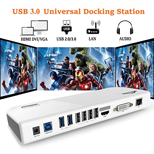 USB 3.0 Universal Docking Station Dual Display with HDMI DVI VGA, Gigabit Ethernet, Audio, 6 USB Ports for Windows, White
