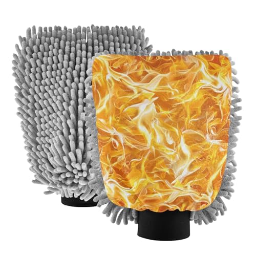 IOACIY Absorbent Microfiber Car Wash Drying Mitts, 2 Pack, Scratch-Free & Lint-Free, Rich Foam, Highly Absorbent, Double Sided, Wash Mitt Perfect for Car Washing, L, Flame Pattern