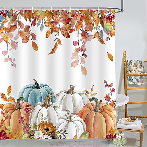 Fall Pumpkin Shower Curtain, Thanksgiving Autumn Maple Leaves Watercolor Floral Harvest...