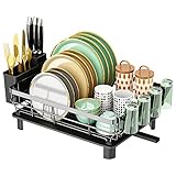 Juego de escurridor de platos grande con escurridor, escurridor de platos para encimera de cocina, incluye soporte para copas de vino, soporte para utensilios y tapete absorbente para secado eficiente