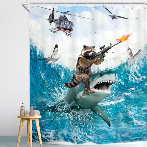 Image of Funny Raccoon Riding Shark Shower Curtain Ocean Waves 60Wx72H Inch Decor