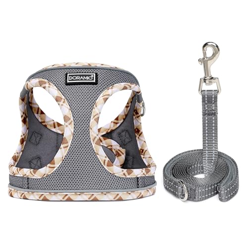 DORAMIO Hundegeschirr Kleine Hunde mit Leine, Step-in Geschirr Reflektierend Atmungsaktiv Brustgeschirr Anti Zug Sicherheitsgeschirr Katzengeschirr für Kleine Hunde, Katzen (Grau, XXS)