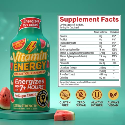 Image of Vitamin Energy Watermelon Crush Extra Strength Energy Shot, 12 Pack - Up to 7 Hrs, 260mg Natural Caffeine, Zero Sugar - Green Tea Extract, Immune Support, B12 B6 Niacin, 1.93 fl oz, Keto Vegan