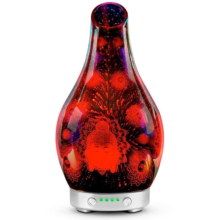 Bravich Desire Buddha Aroma Glass Vase Humidifier- Quiet Water Diffuser For Home: Bedroom, Office, Living Room & More. With Multi-Colour Night Light & Timer. Add Essential Oil To Purify Air