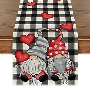 Artoid Mode Watercolor Buffalo Plaid Hearts Gnomes Love Valentine’s Day Table Runner, Seasonal Anniversary Wedding Holiday Kitchen Dining Table Decoration for Indoor Outdoor Home Decor 13 x 72 Inch