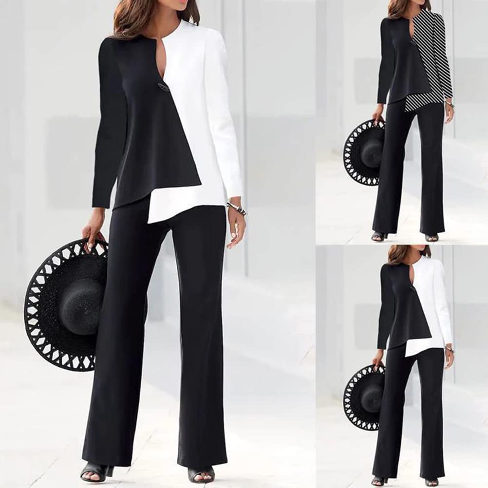 Onsoyours Donna Tailleur Pantalone Completo Patchwork Shirts A Maniche Lunghe+ Pantaloni con Bottone Ufficio da Abito in Due Pezzi Set per Business E Matrimoni