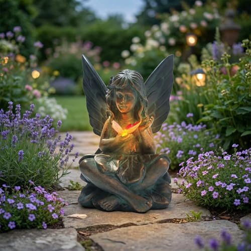 Oinas Solar Fairy Garden Statue Decor - Resin Fairy Figurines with Butterfly Light 8.5 in Angel Fairy Outdoor Decor Birthdays Valentines Day Garden Sculpture Gifts for Women