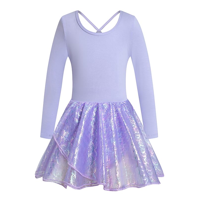 Girls' Long Sleeve Criss-Cross Back Dance Leotard with Dress Mouse Ear Cutout Back, Purple, 6Y3