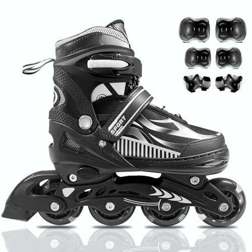Größenverstellbare Inline-Skates mit Schutzausrüstung für Kinder (4-12 Jahre) – Anfängerfreundlich, Indoor/Outdoor geeignet für Jungen & Mädchen Schwarz-Silber (S(28-31 EU/175-205 mm)) Größenverstellbare Inline-Skates mit Schutzausrüstung für Kinder (4-12 Jahre) – Anfängerfreundlich, Indoor/Outdoor geeignet für Jungen & Mädchen Schwarz-Silber (S(28-31 EU/175-205 mm))