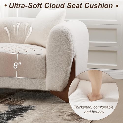 Image of 87 inch Sherpa Boucle 3 Seater Sofa Modern Cloud Couch with Solid Wood Legs, 25in Extra Deep Seat, Comfy Thick Cushion Upholstered Sofa Couches with 3 Pillows for Living Room, White
