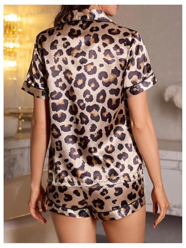 Women's Silk Satin Pajama Set Leopard Print Sleepwear Cheetah Short Sleeve Button Down Pjs Shorts Loungewear2