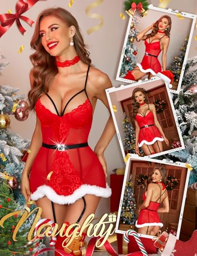 RSLOVE Conjunto de lingerie feminina de Natal Babydoll sexy Papai Noel Camisola de renda com cinta-l