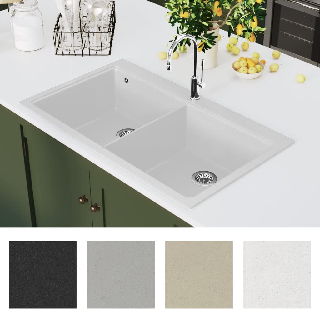 Fregadero de cocina de montaje doble, granito, color blanco crema