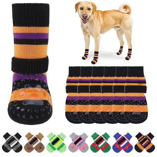 KOOLTAIL Anti Slip Dog Socks to Prevent Licking Paws with Grippers, 3 Pairs Paw Protector for Dogs with Adjustable Straps, Double Sides Stripe Dog Shoes Toe Grips for Small Medium Large Senior Dogs M