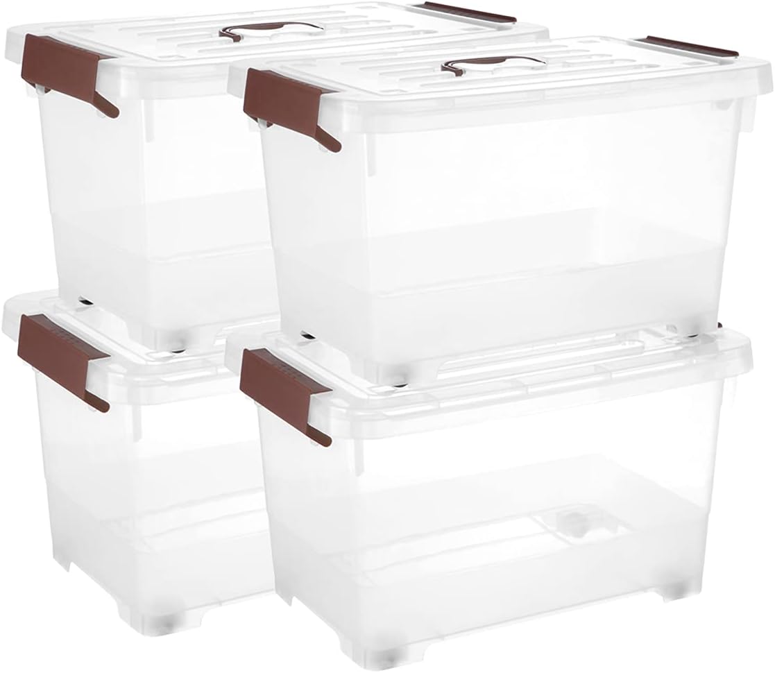50 Qt Clear Storage Bins With Wheels – Stackable Latching Boxes, 4-Pack For Home Organization