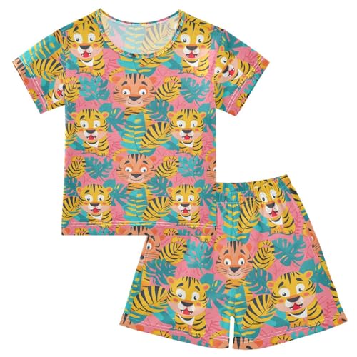 ALAZA Tiger Palm Leaf Pajamas Short Sleeve 2 Piece Sleepwear Top and Bottom Pajama Set Unisex