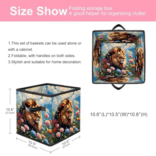 Boîte de rangement pliable durable à poignées cuir et motif lion mignon