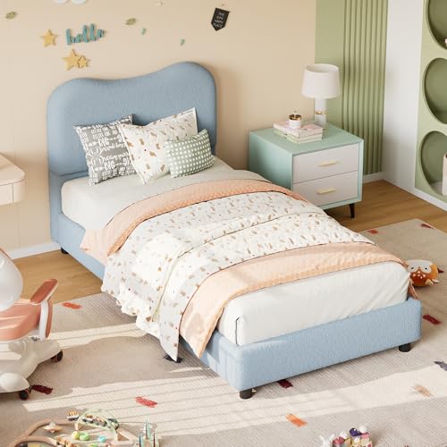 Twin Bed Frame for Kids with Velvet Upholstered Headboard, Cute Low Profile Platform Bed for Girls and Boys, No Box Spring Needed, Strong Wooden Slats, Noise Free, Easy Assembly, Blue