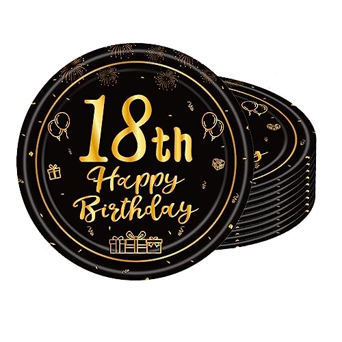 POPOYU 16pcs Black and Gold Paper Plates 18th, Happy Birthday Tableware Paper Plates 7 Inch,Happy 18th Birthday Decorations Plates for Men,Women,Him,Her 18thBirthday Gifts Party Supplies