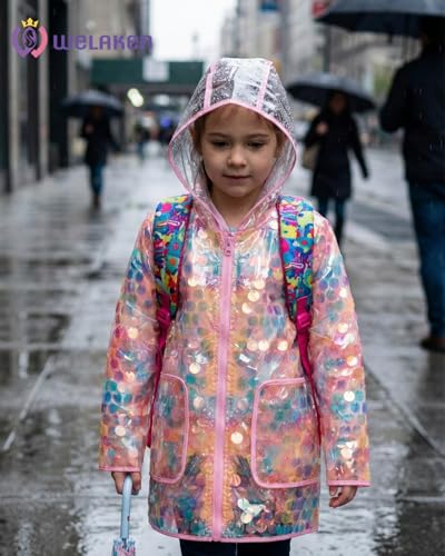 Image of WELAKEN Girls Sequin Raincoat Waterproof Reusable Hooded Outwear Rain Jacket with Lining,rainbow,6-7Y
