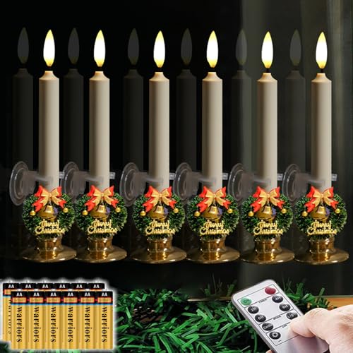 Image of NONNO & ZGF 6 Pack Flameless 8.7'' Window Candles +6 Wreath(with Bows /Bells)+12 AA Batteries(Include)+ 6 Suction Cups+ 6 Golden Candleholders. Battery Powered Ivory Taper Candle with Remote and Timer