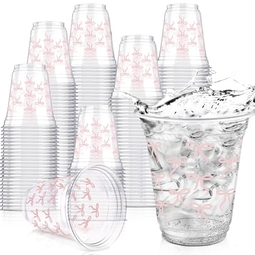 Yuxung 50 Pcs Pink Bow Snack Cups 12 oz Bow Plastic Cups Lovely Bowknot Tumbler for Birthday Wedding Party Supplies