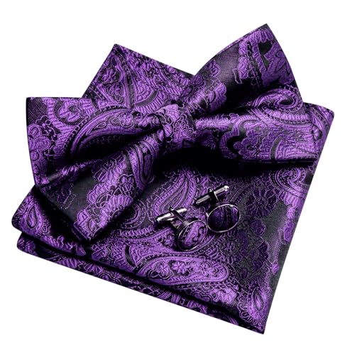 Image of YOHOWA Mens Bow Tie Set Paisley Pre-tied Bowties Adjustable with Handkerchief Cufflinks Gold Ring Set Wedding Prom Party