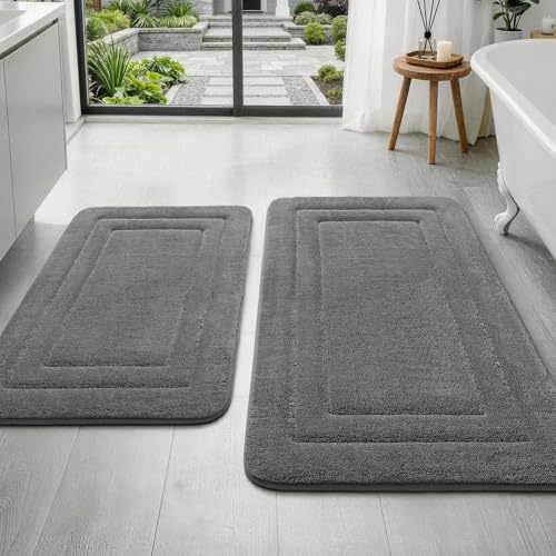 YIHOUSE Bathroom Rugs Sets 2 Piece Towel-Like Soft Absorbent Thick High Density Memory Foam Bath Mat Set Non-Slip Machine Washable Bath Rugs for Bathroom Tub & Shower (32x20+24x17 Dark Grey)