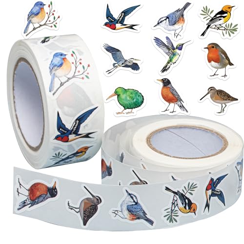 1000Pcs Bird Stickers Roll 2 Rolls 10 Styles Self-Adhesive Stickers for Kids - Waterproof Tropical Stickers for Scrapbooks Party Decorations & Classroom Rewards