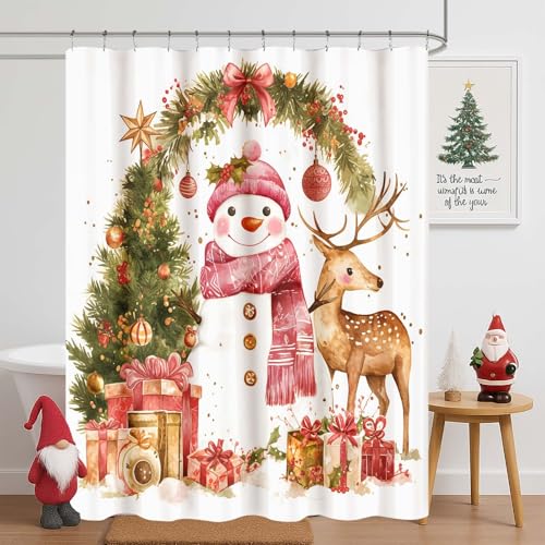 OVZME Christmas Shower Curtain 72 Inch Length 1 Piece Winter Cute Garland Snowman Rustic Farmhouse Xmas Bathroom Curtains Durable Water-Proof Fabric Bathtub Christmas Decorations 72Wx72L Inches