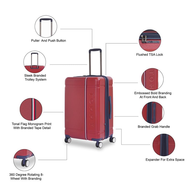 Image of TOMMY HILFIGER Millennia Mid Hard Luggage - Red |Check-in Trolley Bag with TSA Lock | 360 Spinner Double Wheels | Telescopic Handle | Polycarbonate Hardshell Suitcase | 60L Capacity | 68cm