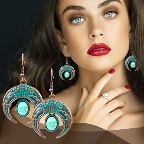 Silver Hoop Clip On Earrings Bohemian Vintage Tassel Drop Dangle Earrings For Women Girls Simulated Turquoise Earrings Fashion Geometry Dangling Jewelry Earrings Creepy Earrings (B, One Size) #TOP4