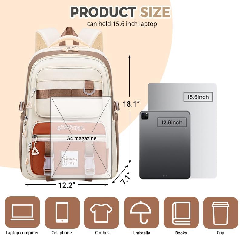 Miniatura 2 de Linda mochila estética para mujer, mochila universitaria para laptop, mochila kawaii preppy con múltiples bolsillos antirrobo, impermeable, mochila